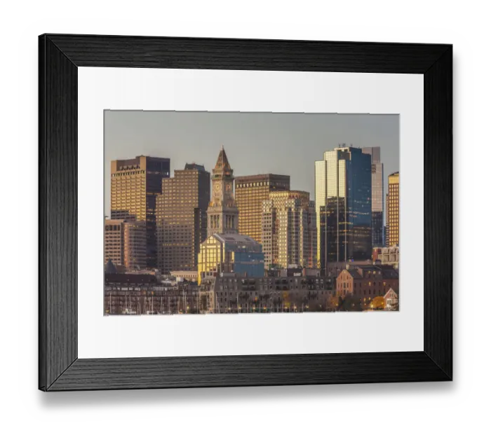 Framed Print : USA, Massachusetts, Boston. City skyline from Boston Harbor at dawn