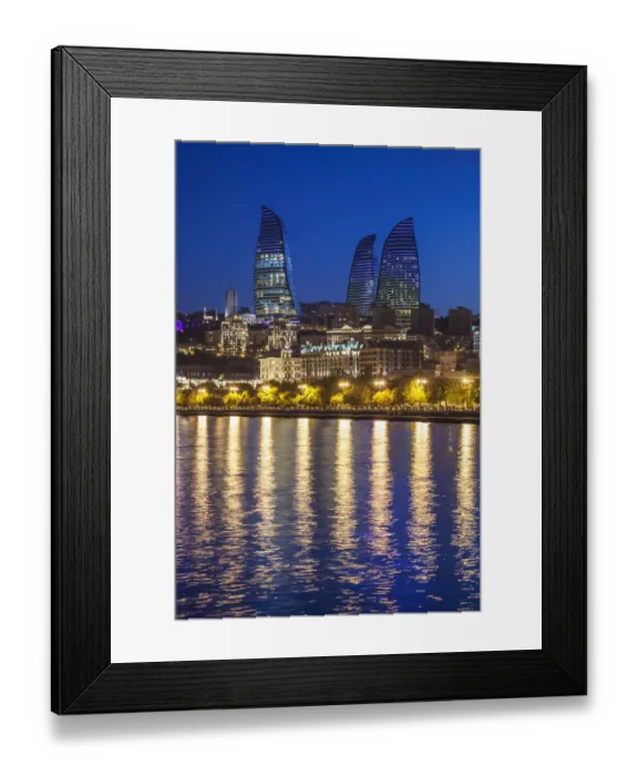 Framed Print : Azerbaijan, Baku. Bulvar Promenade, city skyline with Flame Towers