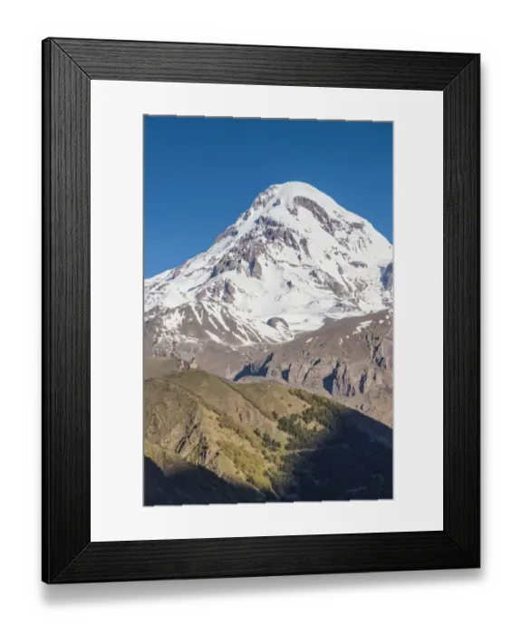 Framed Print : Georgia, Georgian Military Highway, Kazbegi-Stepantsminda. Gergeti Trinity Church and Mt