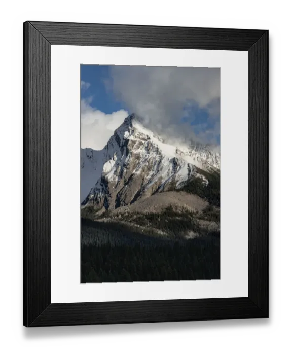 Framed Print : Canada, Alberta. Leah Peak, with snow and clouds, Maligne Lake, Jasper National Park Framed Print : Canada, Alberta. Leah Peak, with snow and clouds, Maligne Lake, Jasper National Park
