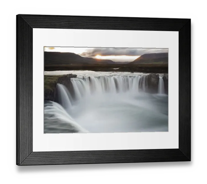 Framed Print : Iceland, Godafoss waterfall. The waterfall stretches over 30 meters with multiple small Framed Print : Iceland, Godafoss waterfall. The waterfall stretches over 30 meters with multiple small