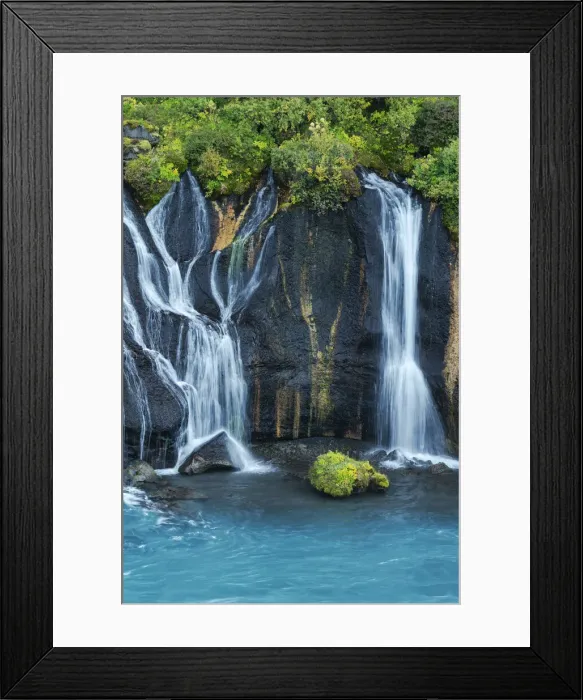 Framed Print : Iceland, Hraunfossar. Tiny cascades emerge from the lava to flow into the Hvita River