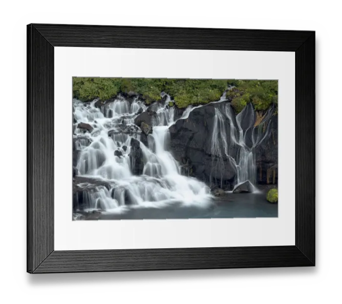 Framed Print : Iceland, Hraunfossar. Tiny cascades emerge from the lava to flow into the Hvita River