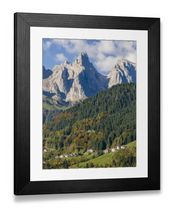 Framed Print : Villages Sarasin and Pongan in the Veneto under the peaks of the mountain range Pale di