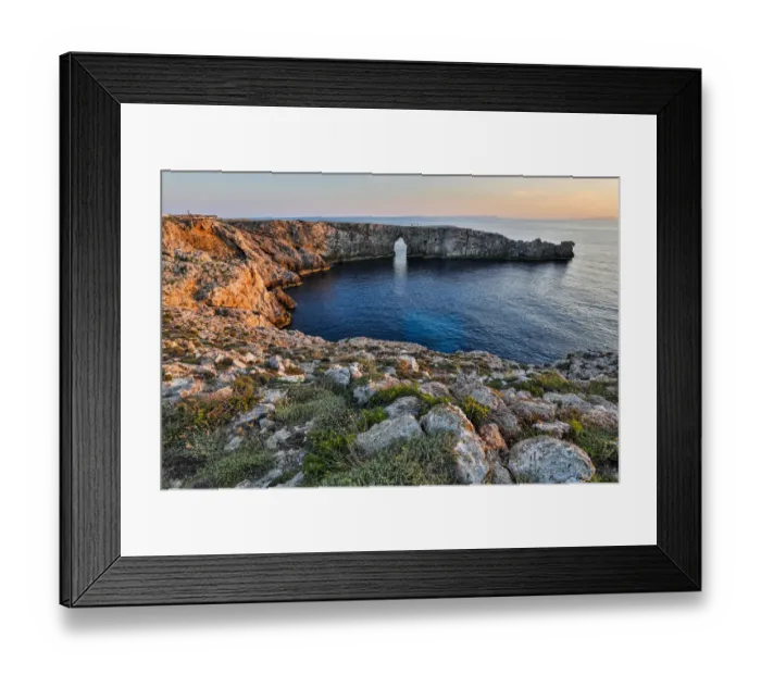 Framed Print : Spain, Menorca. Sunset at Pont d En Gil (natural arch)