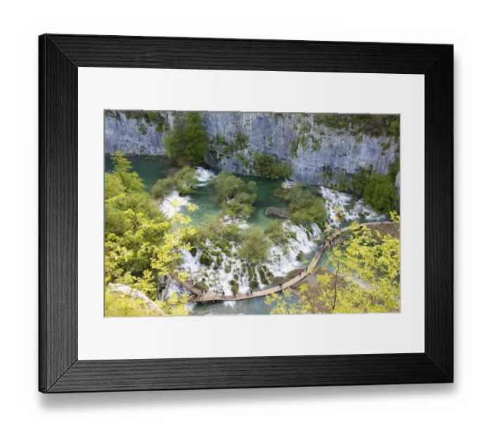 Framed Print : Croatia, Plitvice National Park. People on boardwalk along cascades Framed Print : Croatia, Plitvice National Park. People on boardwalk along cascades