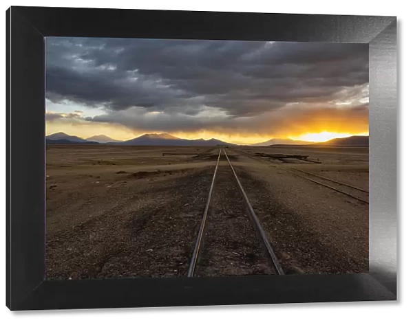 Railway track in the desert, Salar de Uyuni, Potosi Department, Bolivia