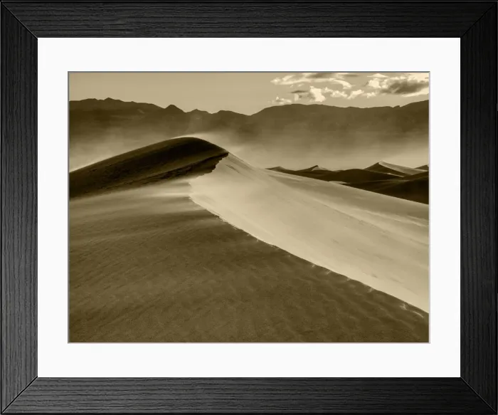Framed Print : USA, California. Death Valley National Park, Mesquite Flats Sand Dunes, blowing sand