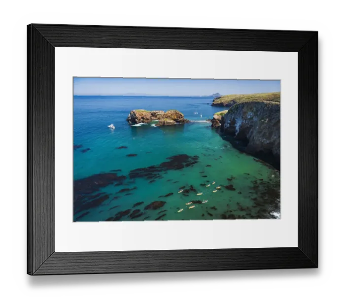 Framed Print : Kayaks and sailboats at Scorpion Cove, Santa Cruz Island, Channel Islands National Park