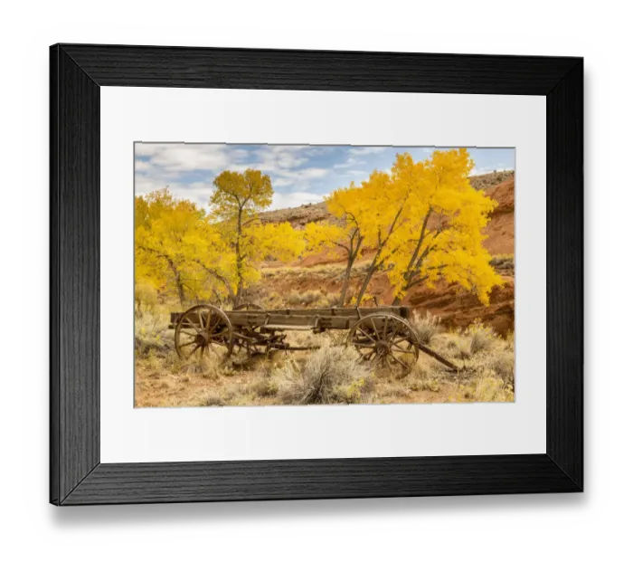 Framed Print : USA, Utah, Capitol Reef National Park. Old wagon and mountain and trees in autumn Framed Print : USA, Utah, Capitol Reef National Park. Old wagon and mountain and trees in autumn
