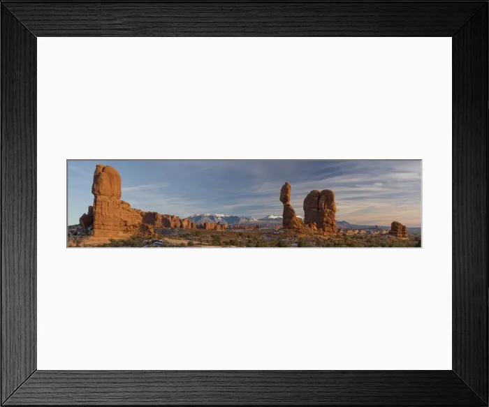 Framed Print : USA, Utah. Panoramic image of Balanced Rock at sunset, Arches National Park