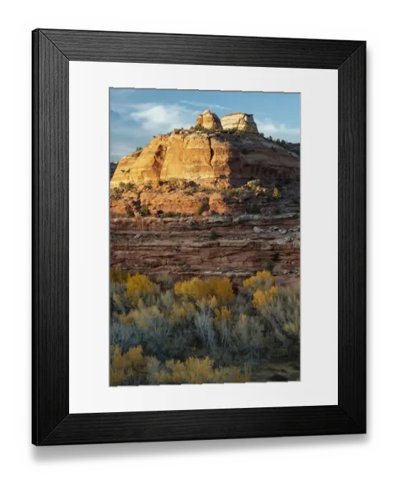 Framed Print : USA, Utah. Last light on sandstone monolith with autumn cottonwoods Framed Print : USA, Utah. Last light on sandstone monolith with autumn cottonwoods