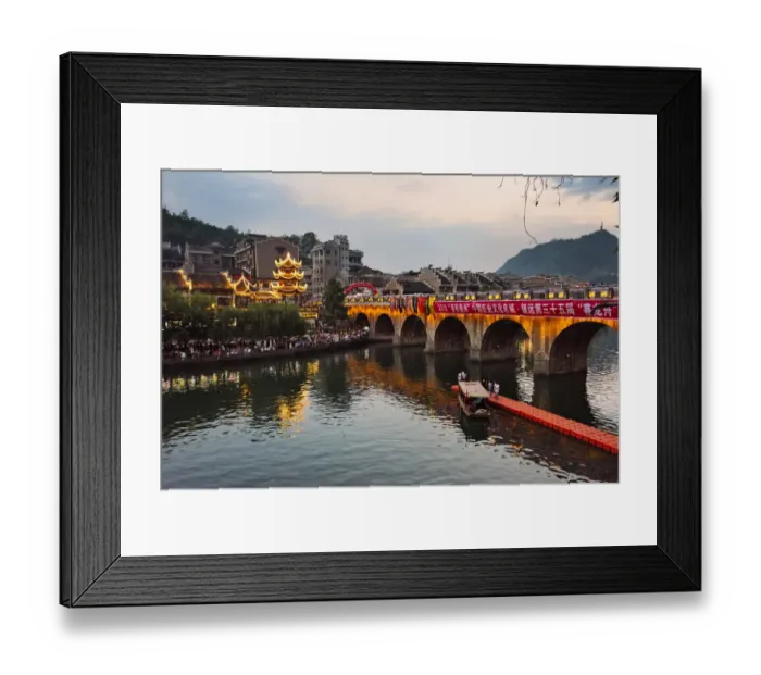 Framed Print : Night view of bridge and pavilion on Wuyang River, Zhenyuan, Guizhou Province, China Framed Print : Night view of bridge and pavilion on Wuyang River, Zhenyuan, Guizhou Province, China