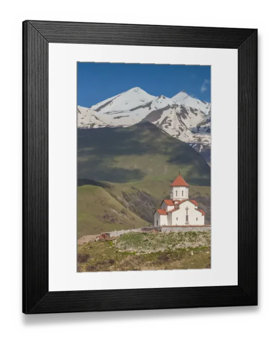 Framed Print : Georgia, Georgian Military Highway, Gudauri. Mountain church