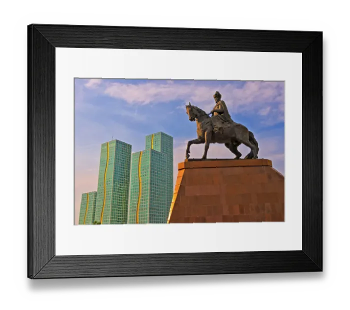 Framed Print : Kursk Building and Kenesary Khan Monument on the banks of Ishim River. Astana, Kazakhstan Framed Print : Kursk Building and Kenesary Khan Monument on the banks of Ishim River. Astana, Kazakhstan