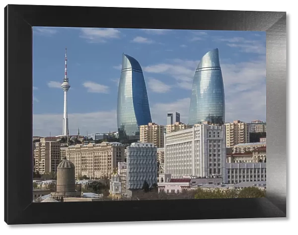 Azerbaijan, Baku. View of Baku Television Tower and Flame Towers