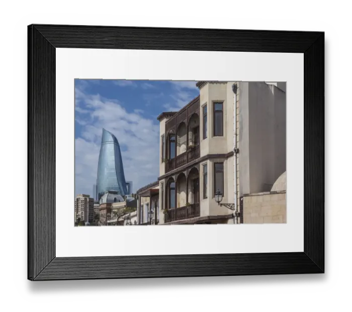 Framed Print : Azerbaijan, Baku. Old City and Flame Towers