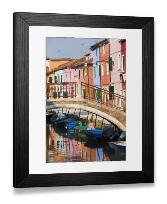 Framed Print : Italy, Burano. Reflection of colorful houses in canal Framed Print : Italy, Burano. Reflection of colorful houses in canal