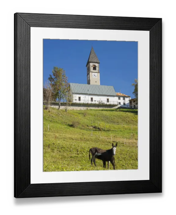 Framed Print : The church. Village Sappade, traditional alpine architecture in valley Val Biois, Italy