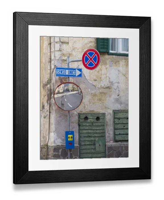 Framed Print : Old town house and traffic signs. Predazzo in valley Val di Fiemme Framed Print : Old town house and traffic signs. Predazzo in valley Val di Fiemme
