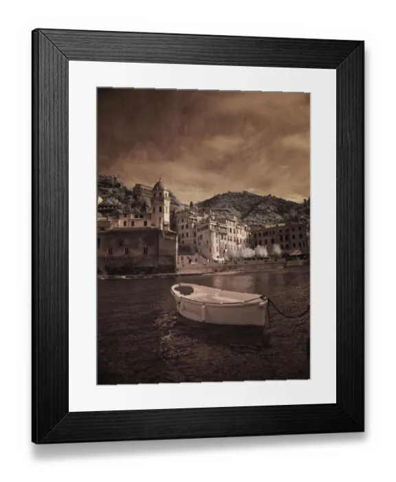 Framed Print : Italy, Vernazza. Infrared image of a boat in the harbor of Vernazza with the church in Framed Print : Italy, Vernazza. Infrared image of a boat in the harbor of Vernazza with the church in