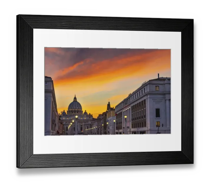 Framed Print : Orange sunset and illuminated streetlights. Via della Conciliazione