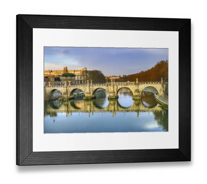 Framed Print : St. Angelo Bridge, Tiber River reflection, Rome, Italy. Bridge first built by Emperor Framed Print : St. Angelo Bridge, Tiber River reflection, Rome, Italy. Bridge first built by Emperor