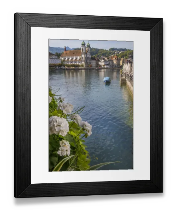 Framed Print : Lake Lucerne, Switzerland. Famous walking bridge and swans in river during the fall