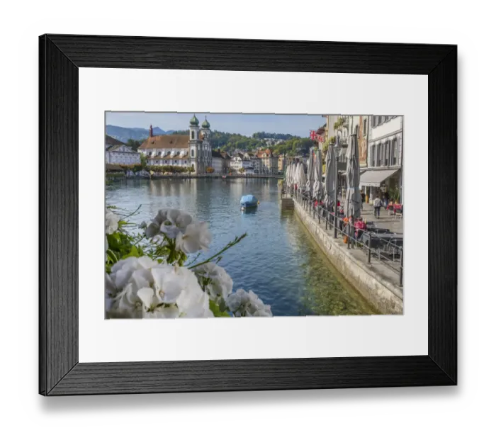 Framed Print : Lake Lucerne, Switzerland. Famous walking bridge and swans in river during the fall Framed Print : Lake Lucerne, Switzerland. Famous walking bridge and swans in river during the fall