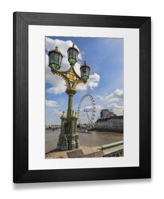 Framed Print : The London Eye and iconic British lamppost in London, England Framed Print : The London Eye and iconic British lamppost in London, England