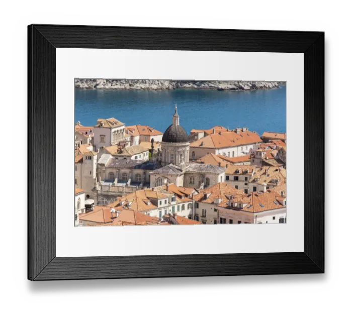 Framed Print : Croatia, Dubrovnik. Old City Cathedral, red tile roofs and Adriatic Framed Print : Croatia, Dubrovnik. Old City Cathedral, red tile roofs and Adriatic