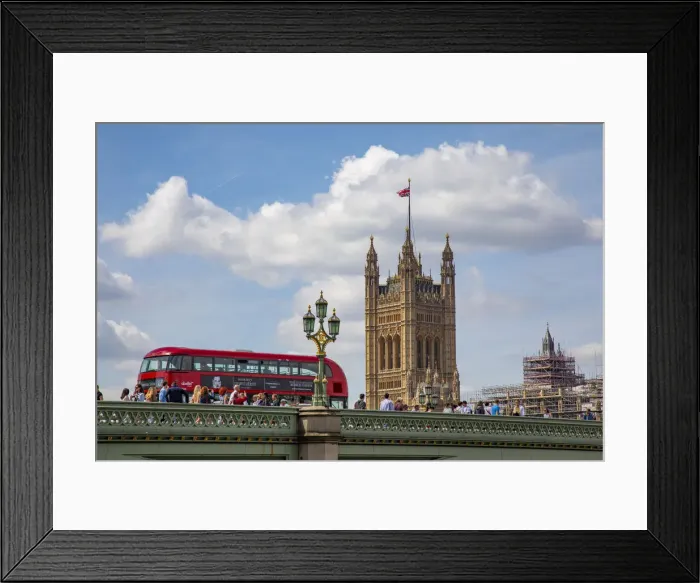 Framed Print : Classic double decker tour bus in London, England crossing the bridge River Thames with