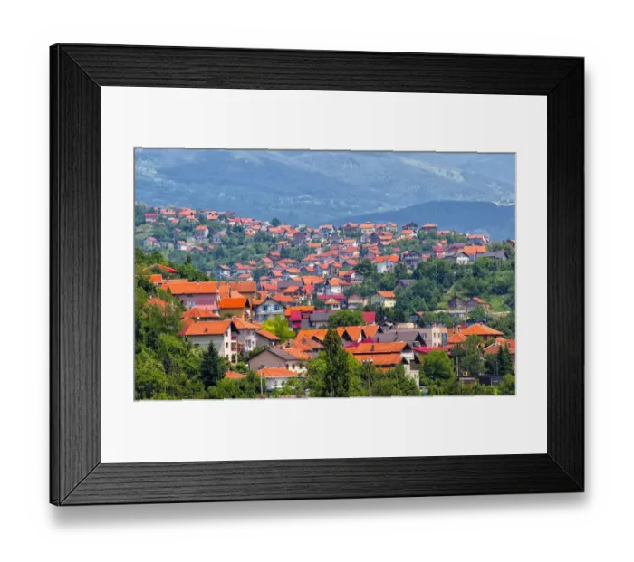 Framed Print : Hillside covered with ref roof houses, Sarajevo, Bosnia and Herzegovina