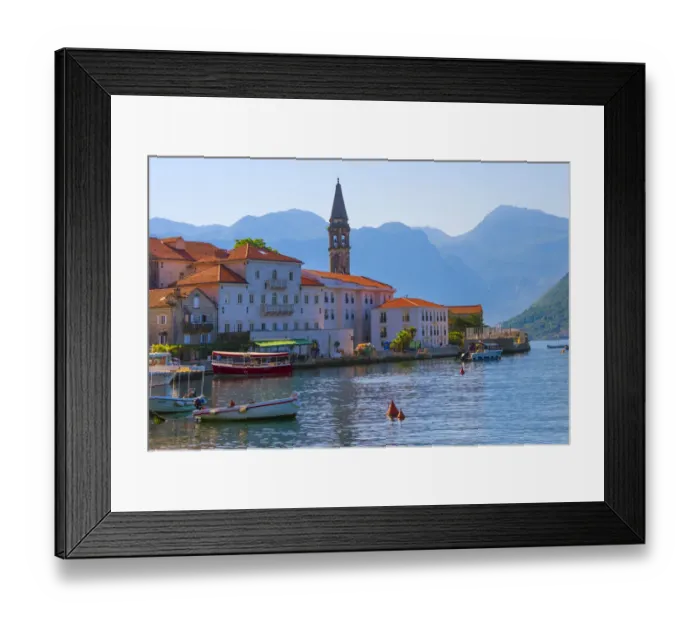 Framed Print : Church tower and houses on the Adriatic coast, Perast, Montenegro