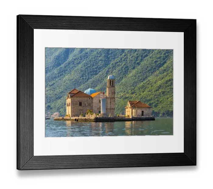 Framed Print : Our Lady of the Rocks, an artificial island, with the Roman Catholic Church of Our Lady Framed Print : Our Lady of the Rocks, an artificial island, with the Roman Catholic Church of Our Lady