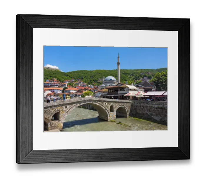 Framed Print : Stone bridge, Sinan Pasha Mosque and houses in the old town on the banks of the Prizren Framed Print : Stone bridge, Sinan Pasha Mosque and houses in the old town on the banks of the Prizren