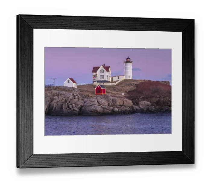Framed Print : USA, Maine, York Beach. Nubble Light lighthouse at dusk Framed Print : USA, Maine, York Beach. Nubble Light lighthouse at dusk