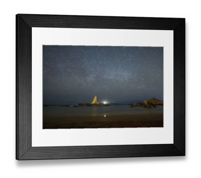 Framed Print : Spain, Menorca, Pregonda. Night sky at the beach