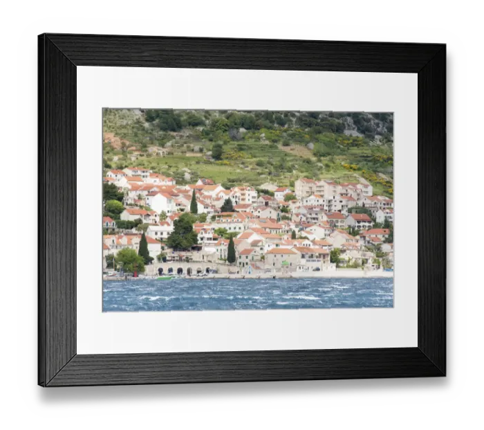 Framed Print : Croatia, Brac, Bol. Agriculture and Spanish Broom above marina. Heavy surf Framed Print : Croatia, Brac, Bol. Agriculture and Spanish Broom above marina. Heavy surf