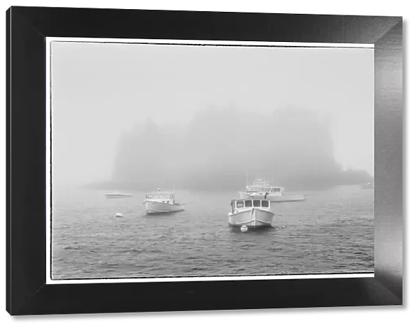 USA, Maine, Port Clyde. Port Clyde Harbor, boats in the fog