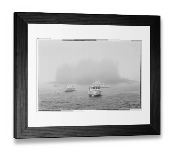 Framed Print : USA, Maine, Port Clyde. Port Clyde Harbor, boats in the fog