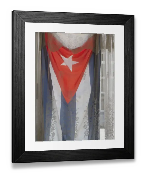 Framed Print : Cuba, Havana, Cuban flag in window Framed Print : Cuba, Havana, Cuban flag in window