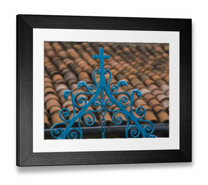 Framed Print : Santiago de Cuba, red tile roof and blue wrought iron cross