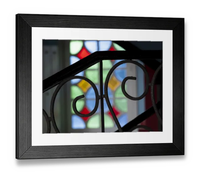 Framed Print : Cuba, Vinales, wrought iron railing and stained glass window