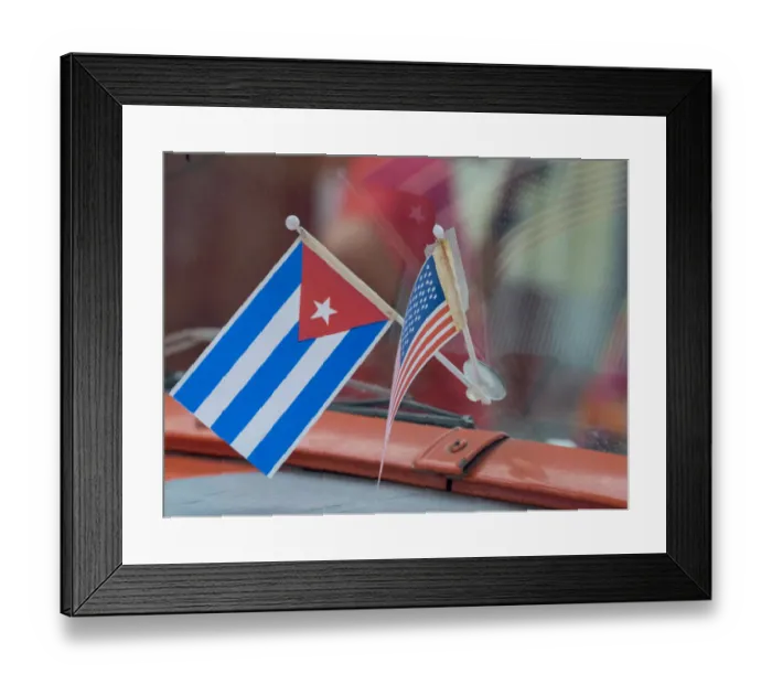 Framed Print : Cuba, Havana, Havana Vieja (Old Havana), Cuban and US flags on dashboard of car Framed Print : Cuba, Havana, Havana Vieja (Old Havana), Cuban and US flags on dashboard of car