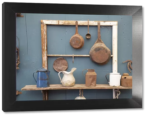 USA, California. Old pots, pans and water pitchers. (PR)
