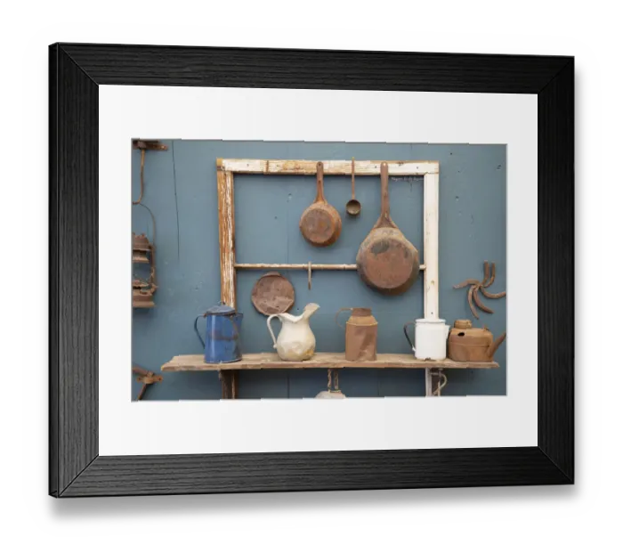 Framed Print : USA, California. Old pots, pans and water pitchers. (PR)