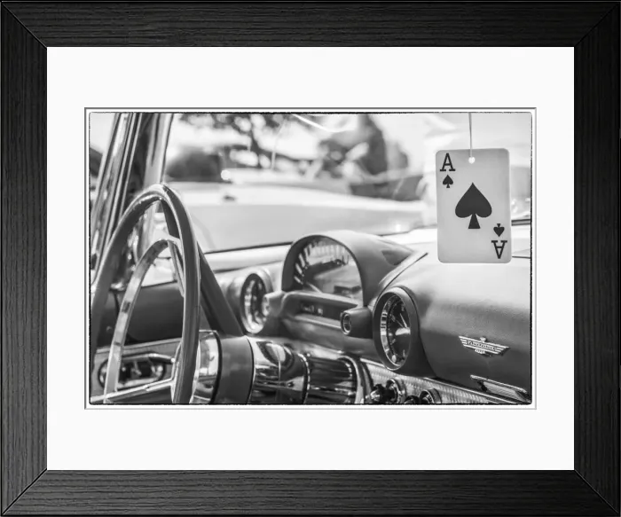 Framed Print : USA, Massachusetts, Cape Ann, Gloucester. Antique car interior and ace of spades card Framed Print : USA, Massachusetts, Cape Ann, Gloucester. Antique car interior and ace of spades card