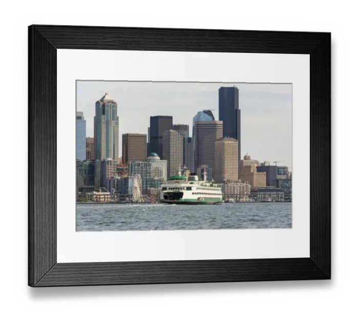 Framed Print : USA, Washington State, Puget Sound. Washington State ferry in Elliott Bay approaching Framed Print : USA, Washington State, Puget Sound. Washington State ferry in Elliott Bay approaching