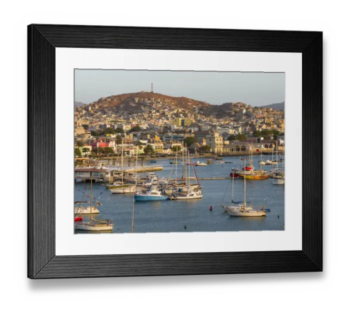 Framed Print : City view and view over marina and harbor. City Mindelo